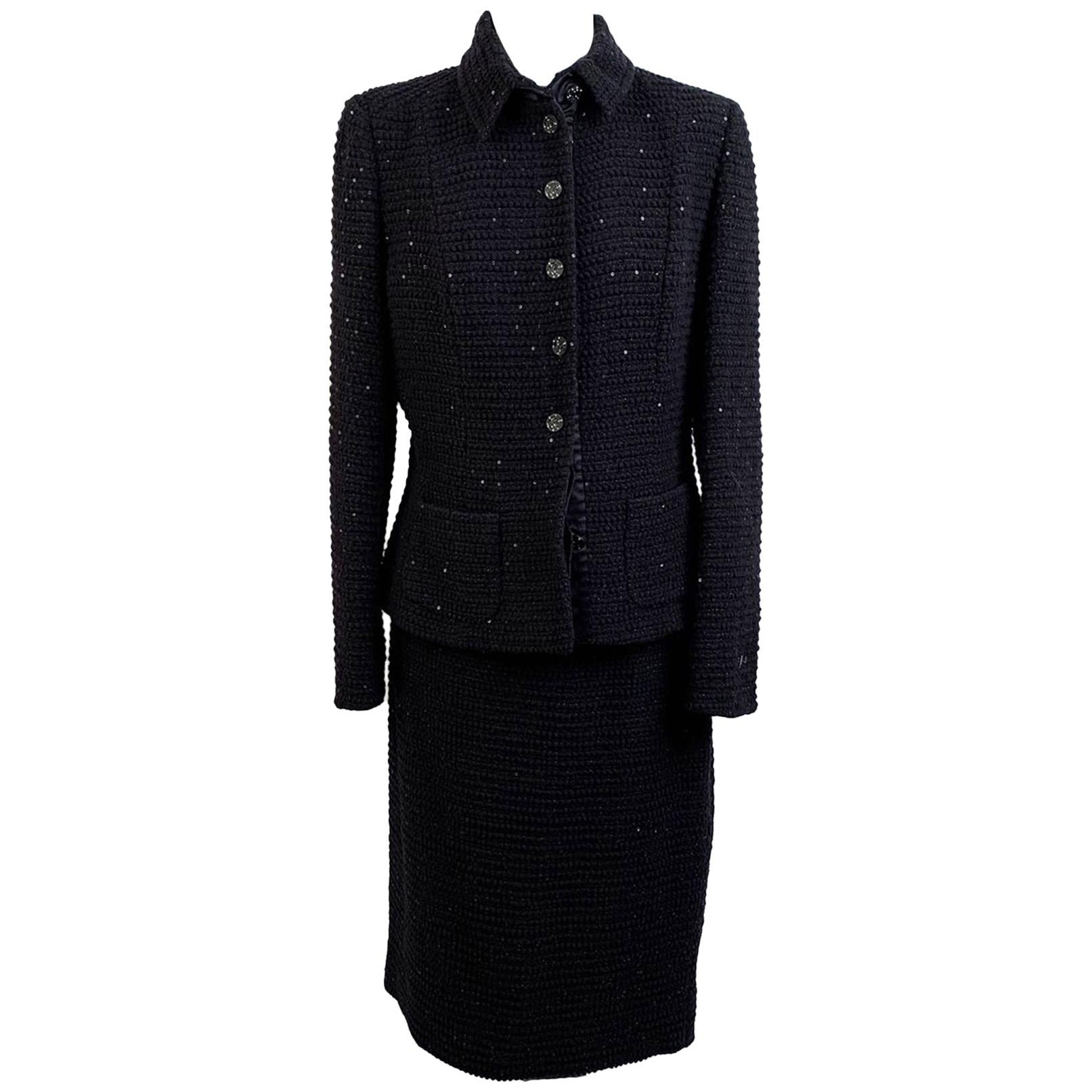 Les Copains Vintage Black Sequin Wool Skirt Suit Size 44