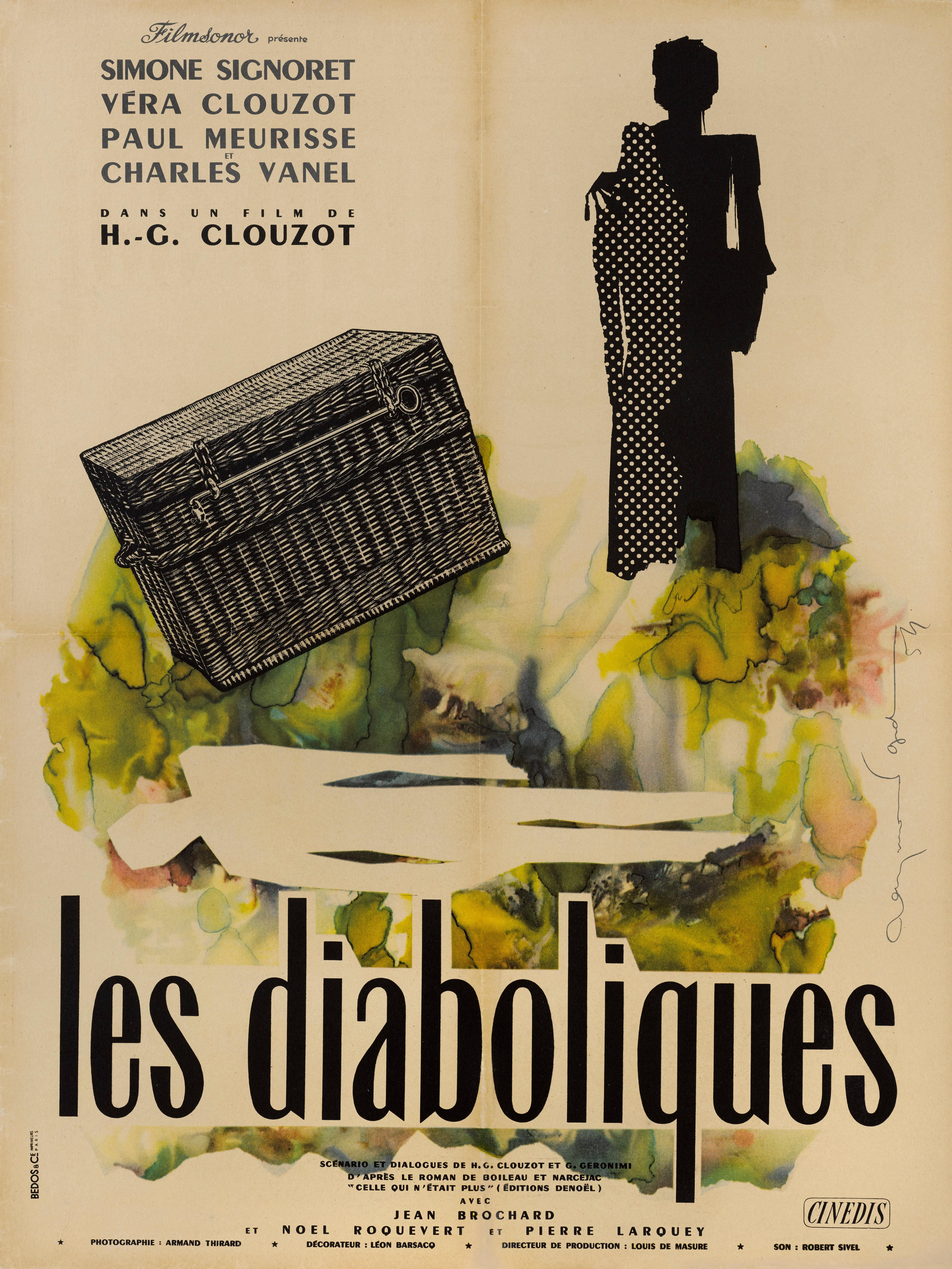 Original 1955 French film poster.
The director Henri Clouzot competed with Alfred Hitchcock for the rights to this film. The plot, a murder conspiracy that spirals out of control, was irresistible to both of them.
The French graphic artist and