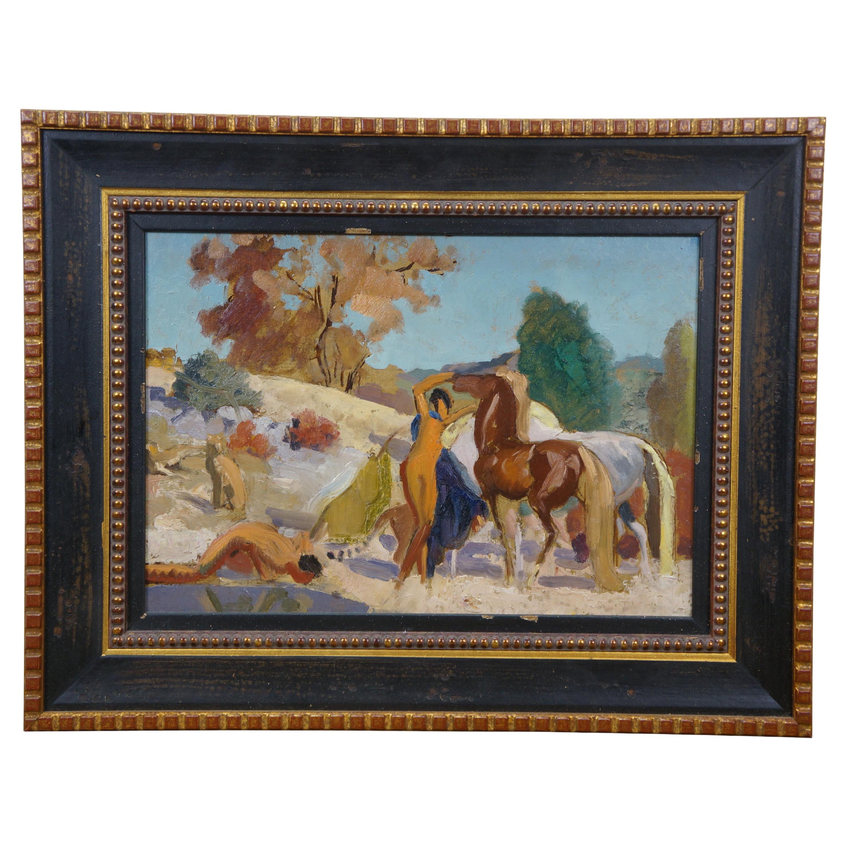Les Dioscures Expressionist Oil Painting on Board After Robert Eugène Pougheon For Sale