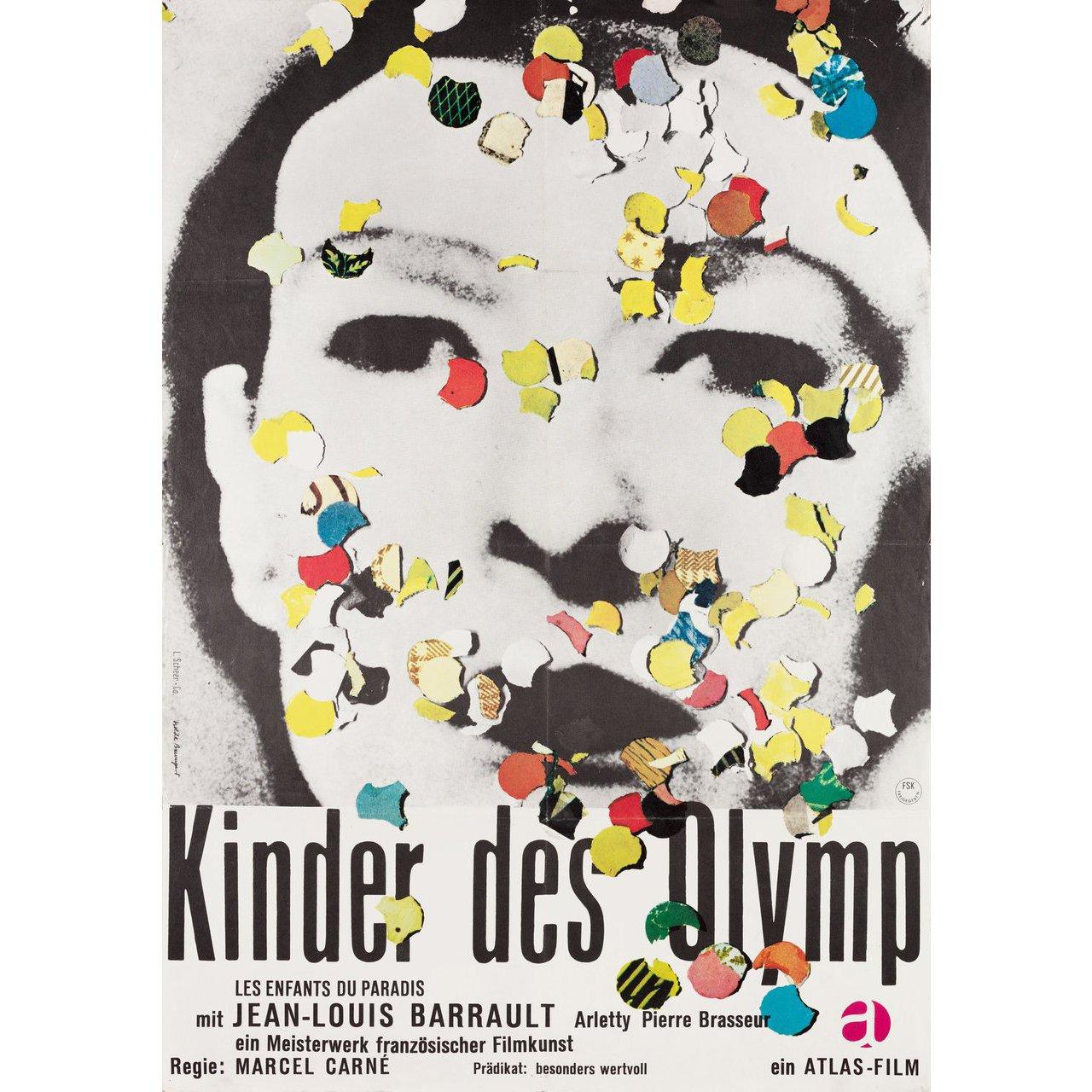 Original 1966 re-release German A1 poster by Isolde Baumgart for the 1945 film Les Enfants du Paradis (Children of Paradise) directed by Marcel Carne with Arletty / Jean-Louis Barrault / Pierre Brasseur / Pierre Renoir. Very Good-Fine condition,