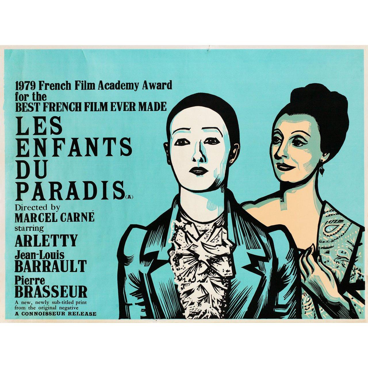 Original 1970s re-release British quad poster by Peter Strausfeld for the 1945 film Les Enfants du Paradis (Children of Paradise) directed by Marcel Carne with Arletty / Jean-Louis Barrault / Pierre Brasseur / Pierre Renoir. Very Good-Fine