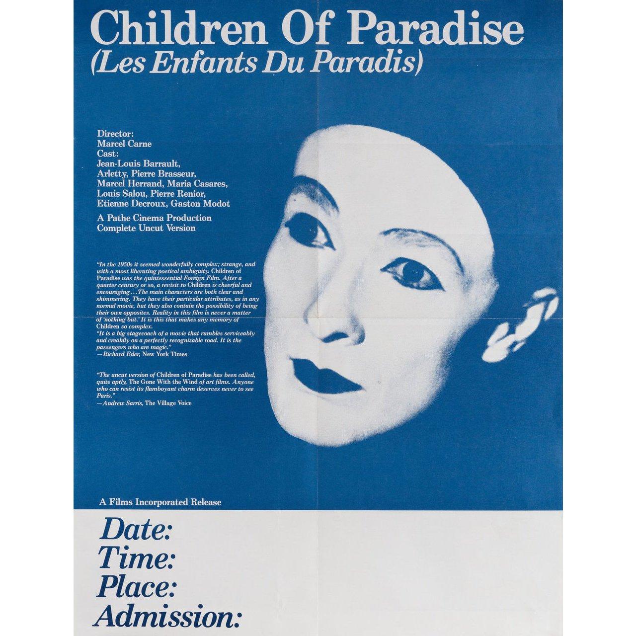 Originales US-Miniplakat aus den 1970er Jahren für den Film Les Enfants du Paradis (Kinder des Paradieses) von 1945 unter der Regie von Marcel Carne mit Arletty / Jean-Louis Barrault / Pierre Brasseur / Pierre Renoir. Sehr guter Zustand, gefaltet.