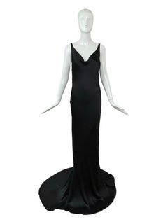NWT's LES HABITUDES Vintage Black Liquid Silk Cowl Evening Gown Maxi Dress Lace
