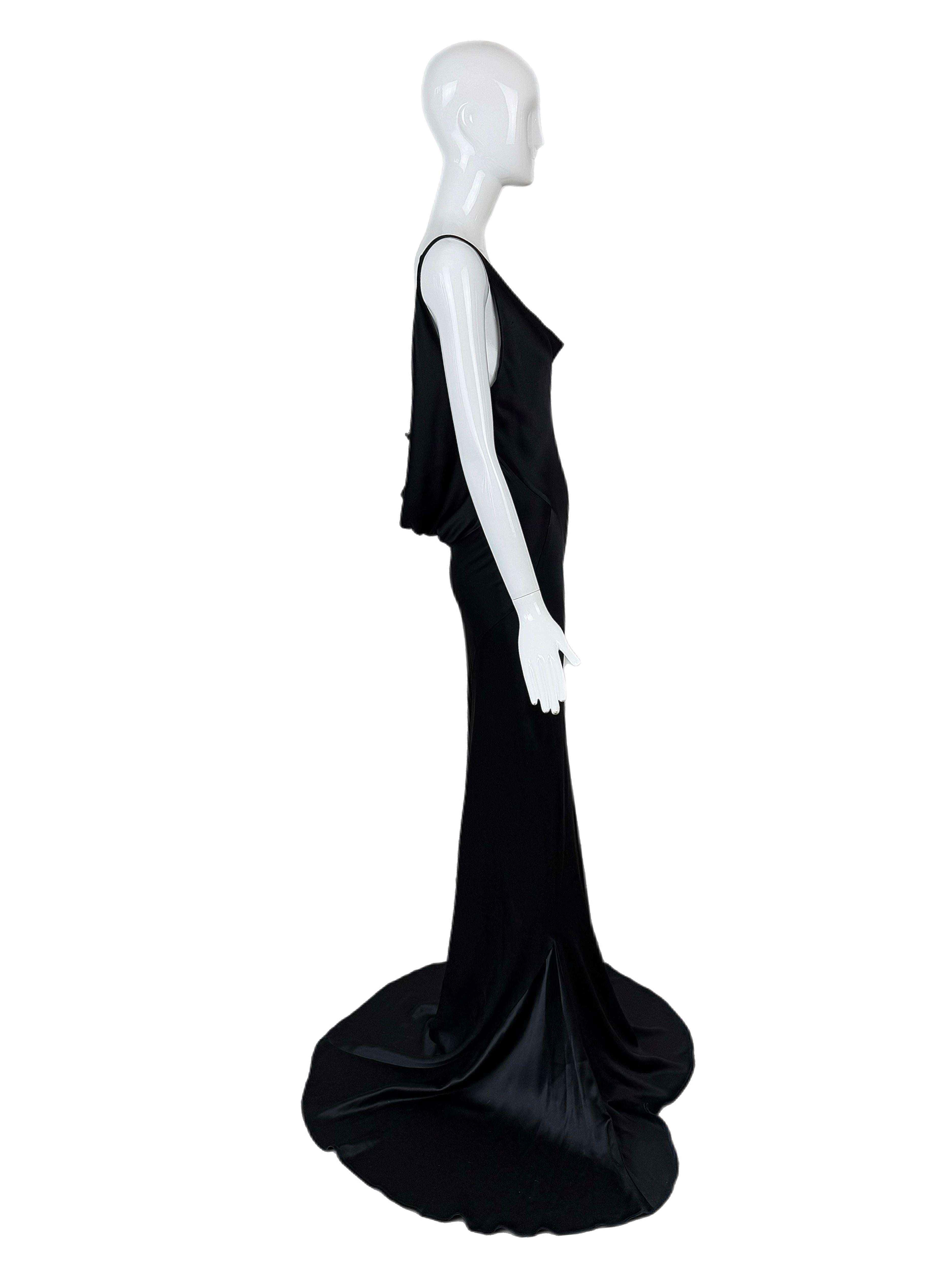 LES HABITUDES 2016 Black Liquid Silk Cowl Evening Gown Maxi Dress Lace In New Condition For Sale In Leonardo, NJ