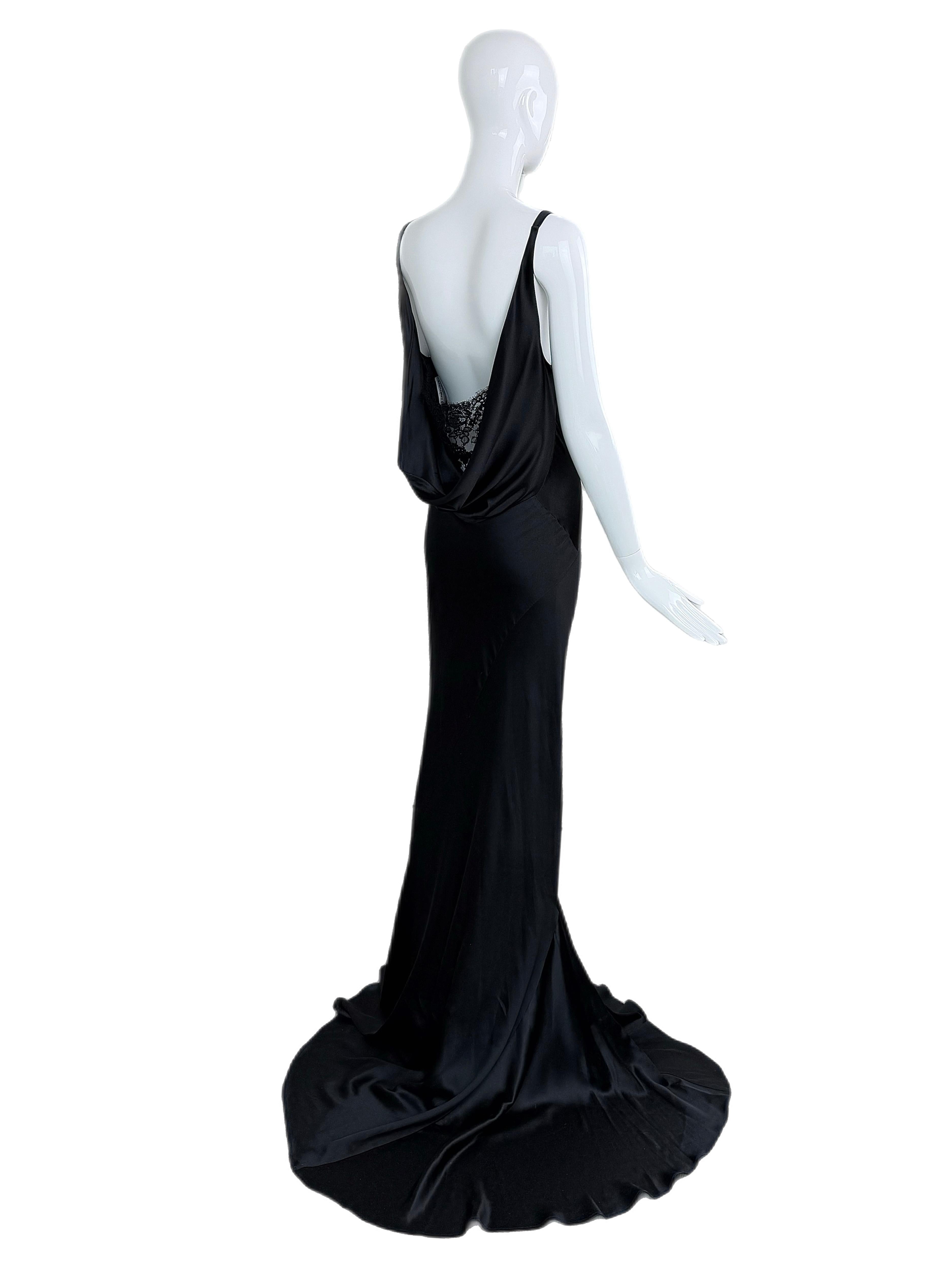 Women's LES HABITUDES 2016 Black Liquid Silk Cowl Evening Gown Maxi Dress Lace For Sale