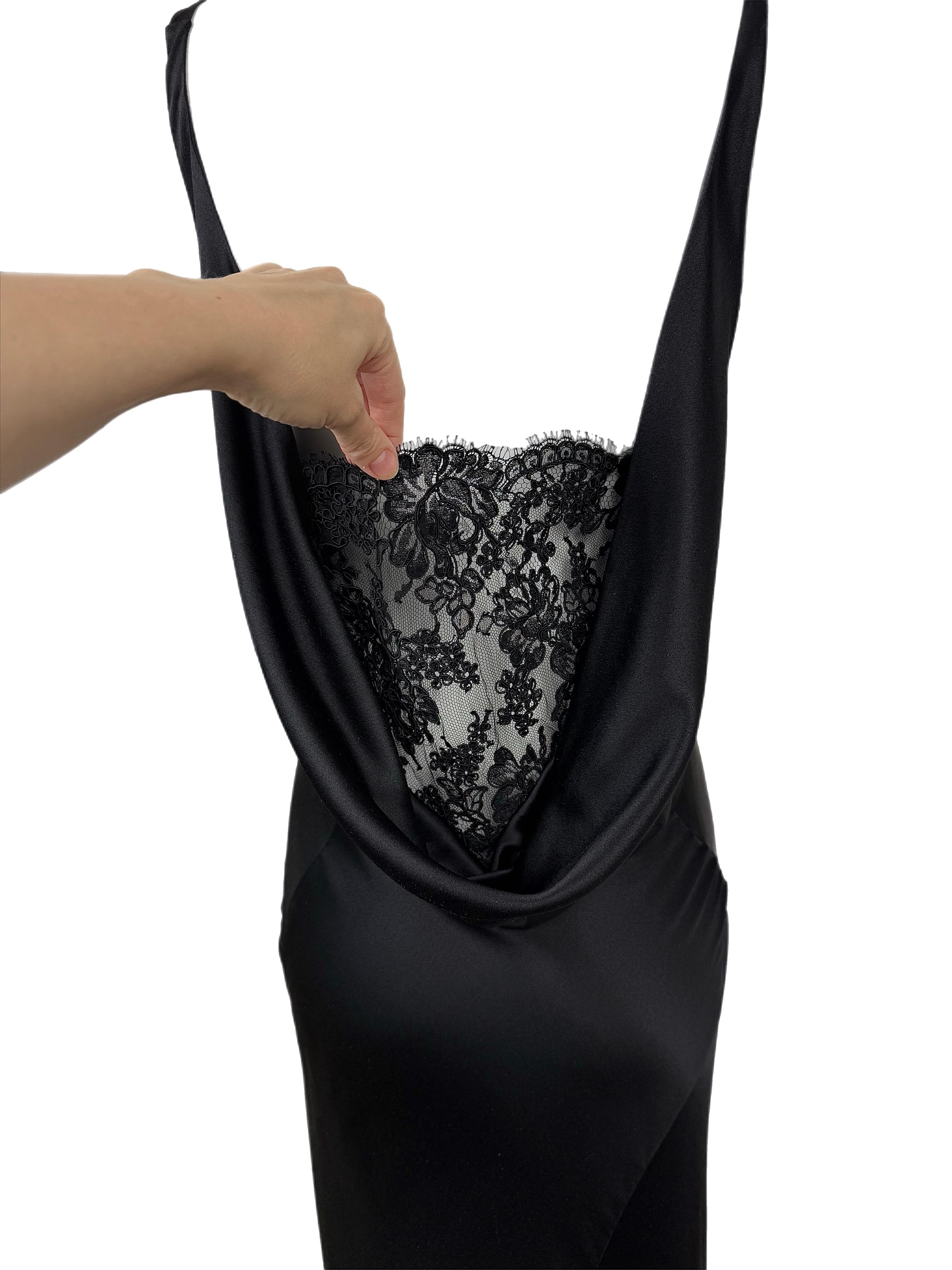 LES HABITUDES 2016 Black Liquid Silk Cowl Evening Gown Maxi Dress Lace For Sale 1