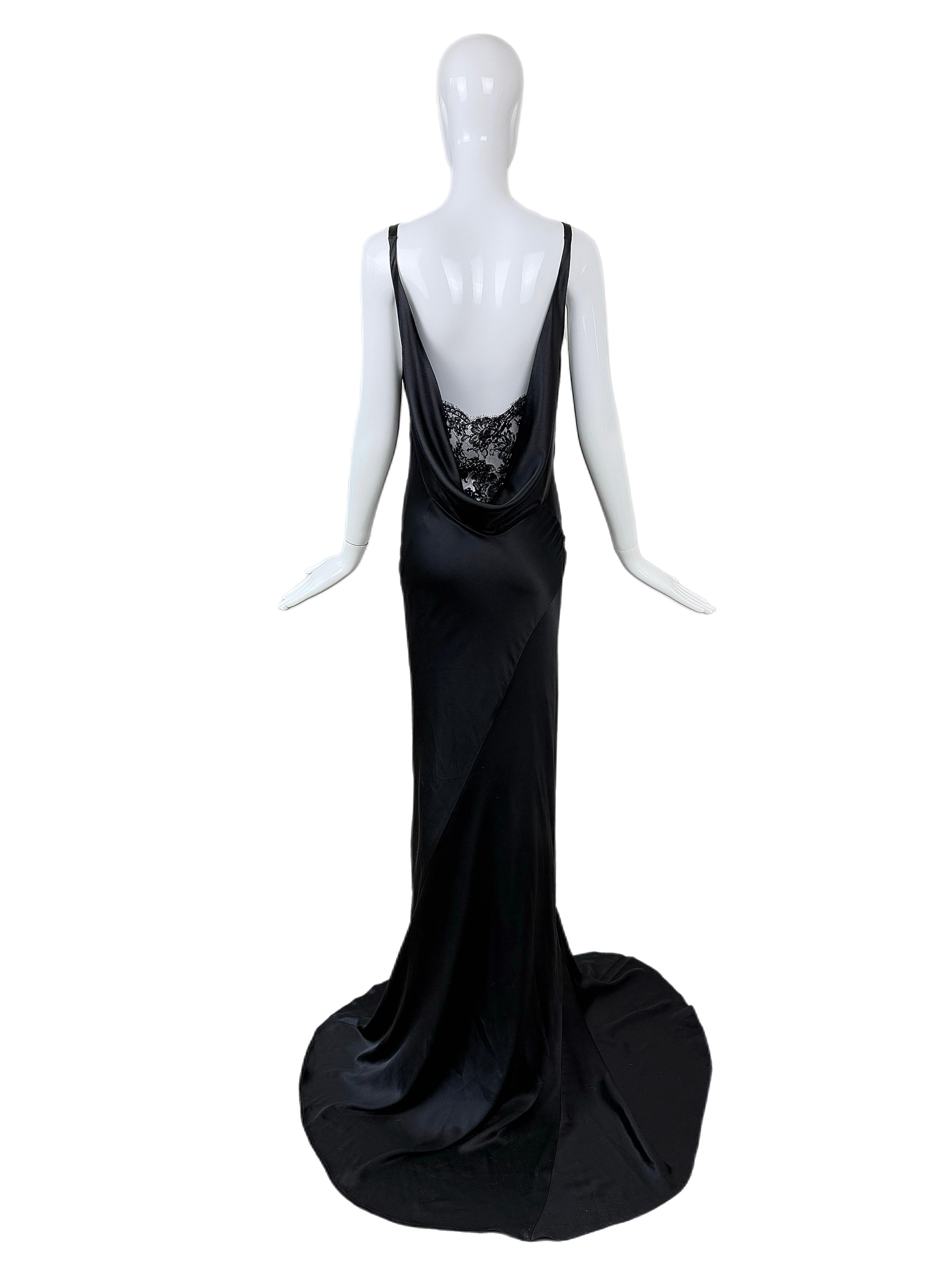 LES HABITUDES 2016 Black Liquid Silk Cowl Evening Gown Maxi Dress Lace For Sale 3