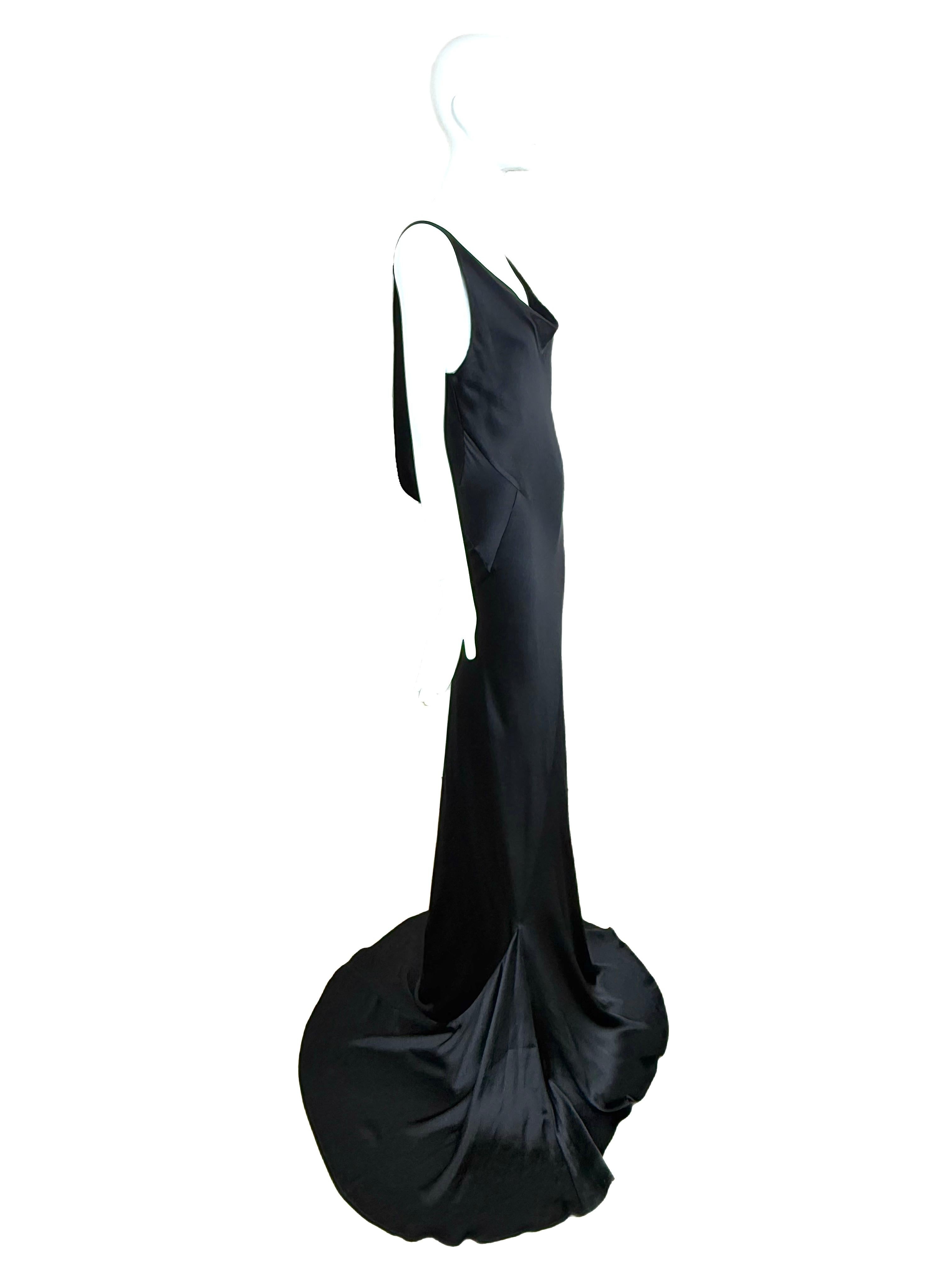 LES HABITUDES 2016 Black Liquid Silk Cowl Evening Gown Maxi Dress Lace For Sale 4