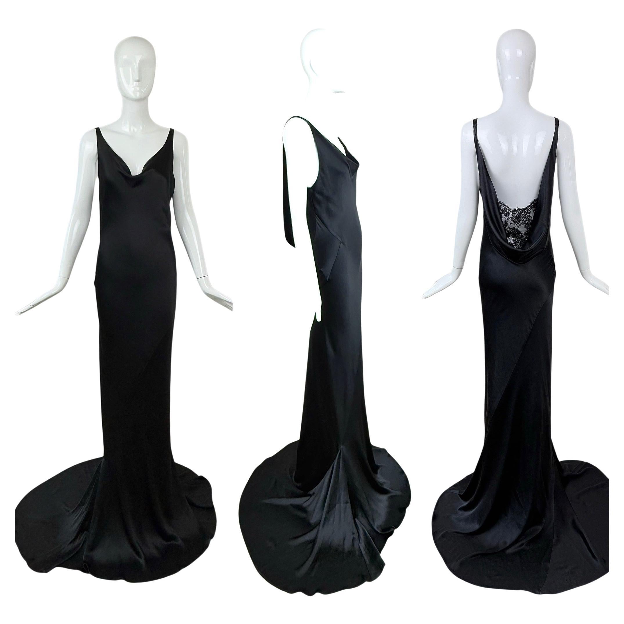 LES HABITUDES 2016 Black Liquid Silk Cowl Evening Gown Maxi Dress Lace For Sale