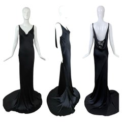 LES HABITUDES 2016 Black Liquid Silk Cowl Evening Gown Maxi Dress Lace
