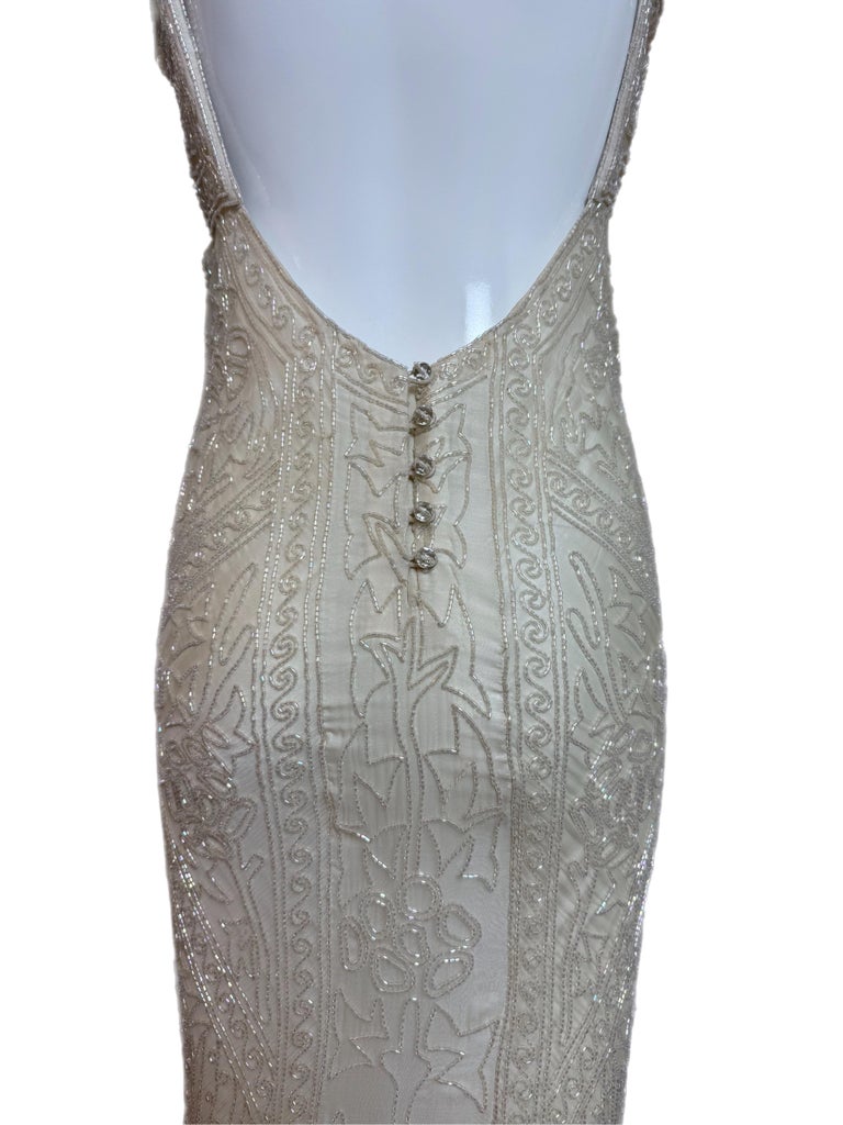 beige quince dresses Chic and Holland - HF1560 Beaded Scallop Motif Long Dress 20 / Nude