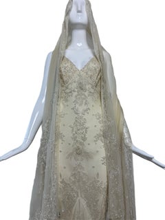 LES HABITUDES 90's Couture Vintage Beaded Bridal Gown w. Shawl Wedding Dress