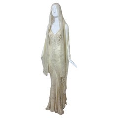 LES HABITUDES 90's Couture Vintage Beaded Bridal Gown w. Shawl Wedding Dress