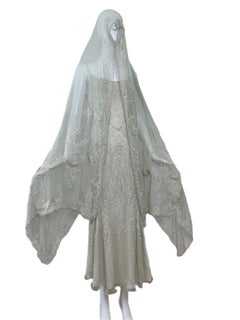 LES HABITUDES 90's Couture Vintage Grey/Blue Beaded Bridal Wedding Dress Shawl