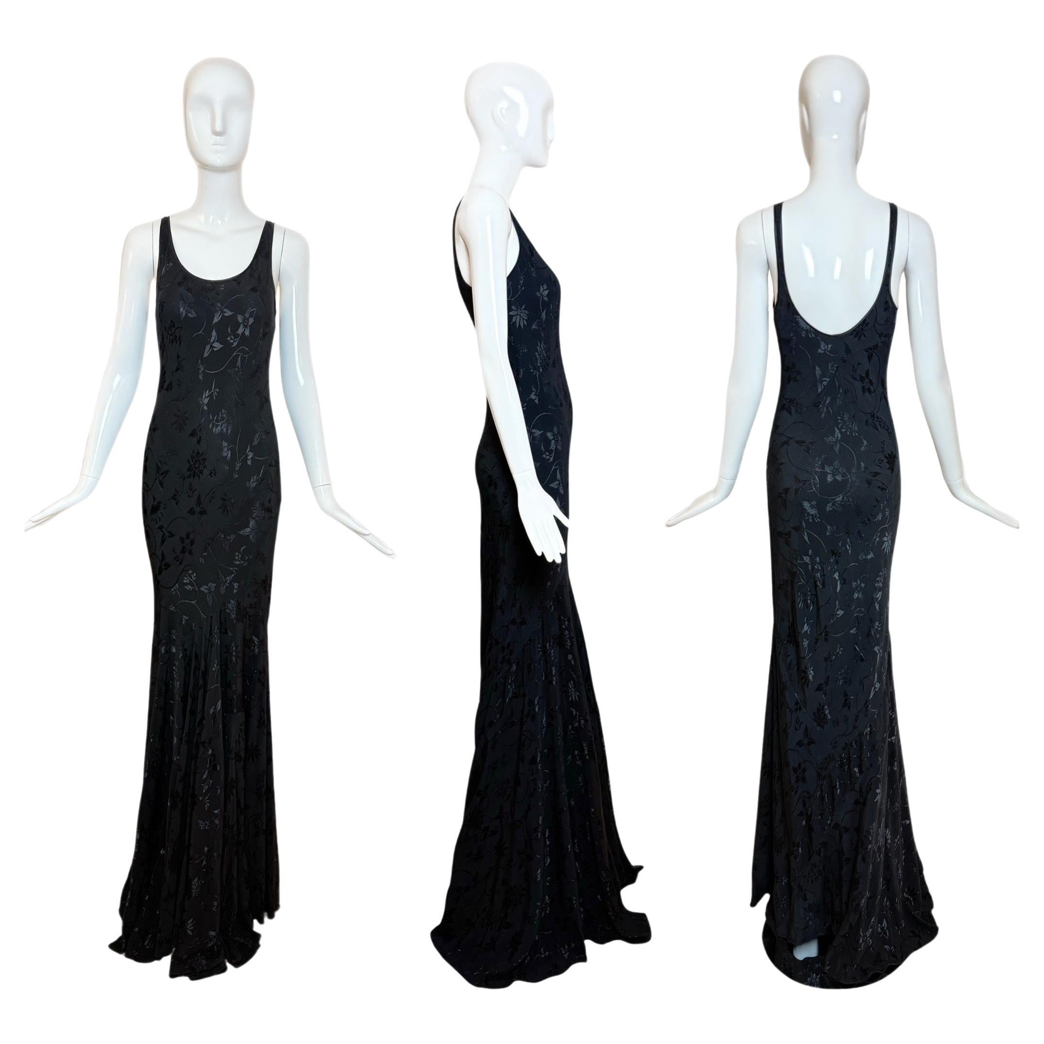 LES HABITUDES 90
s Vintage Black Floral Evening Gown Maxi Dress