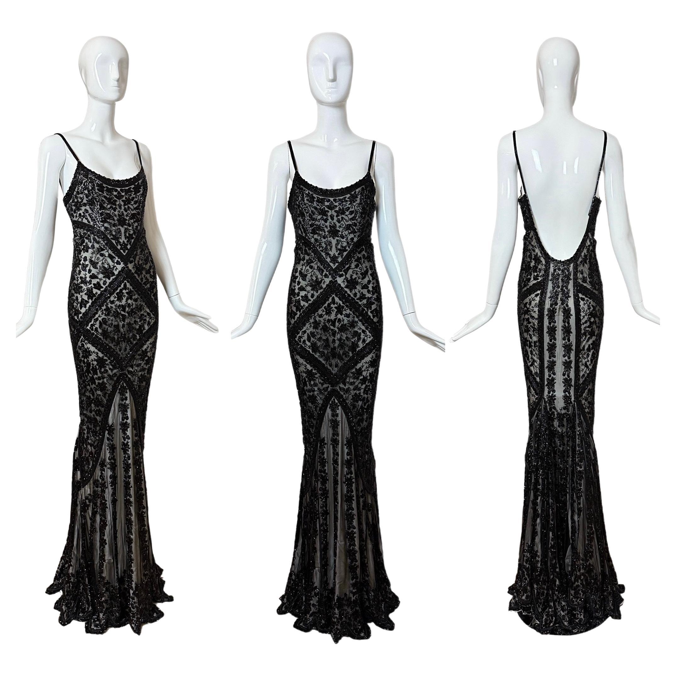 LES HABITUDES Robe de soirée Vintage Couture 90
s en soie noire perlée à la main