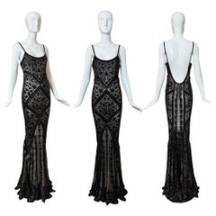 LES HABITUDES Abito da sera vintage Couture anni '90 in seta nera con perline a mano