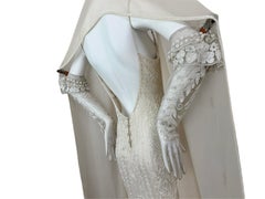 LES HABITUDES 90's Vintage Couture Hand Beaded Bridal Gown w. Gloves + Shawl