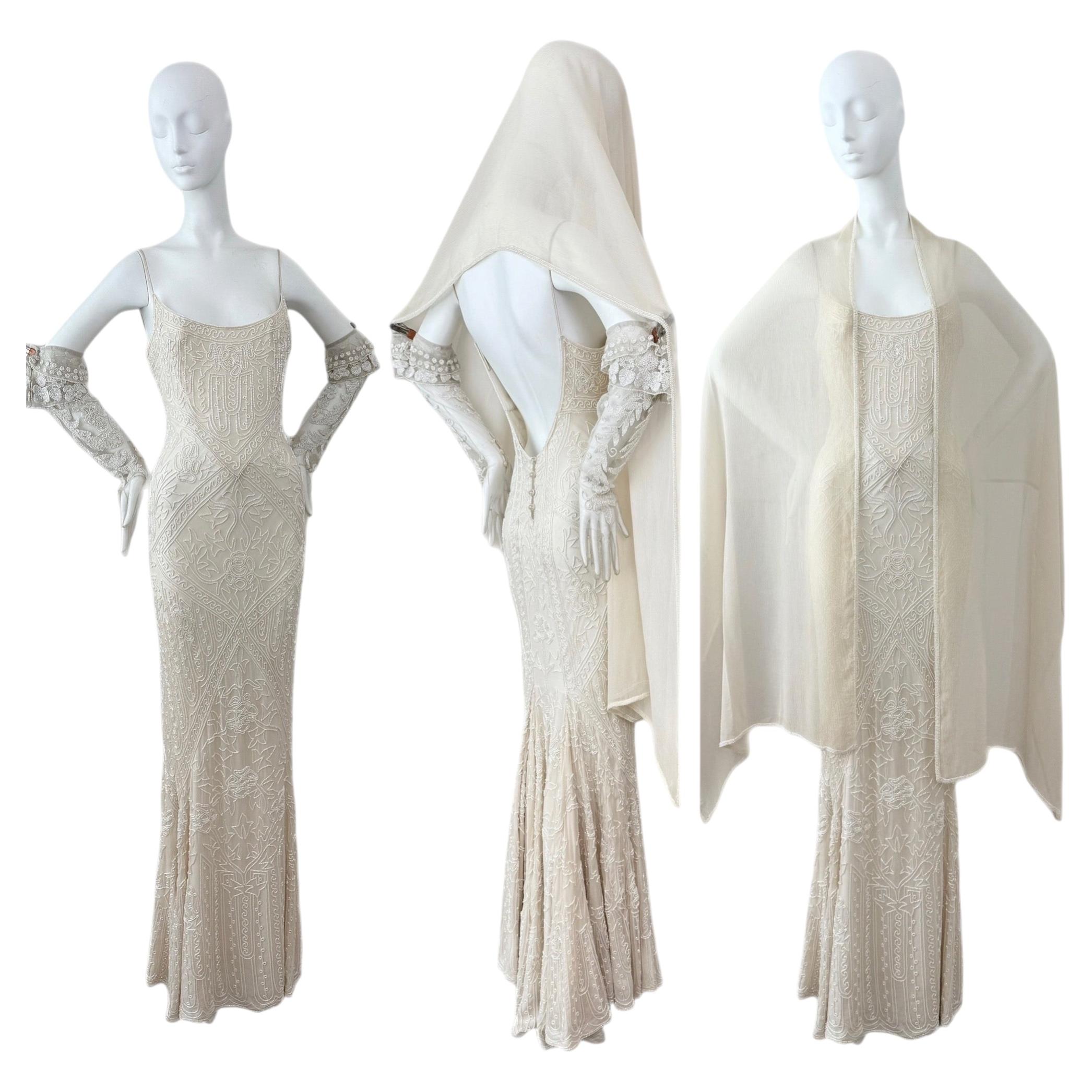 LES HABITUDES 90's Vintage Couture Hand Beaded Bridal Gown w. Gloves + Shawl For Sale