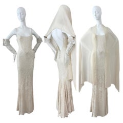 LES HABITUDES 90's Vintage Couture Hand Beaded Bridal Gown w. Gloves + Shawl