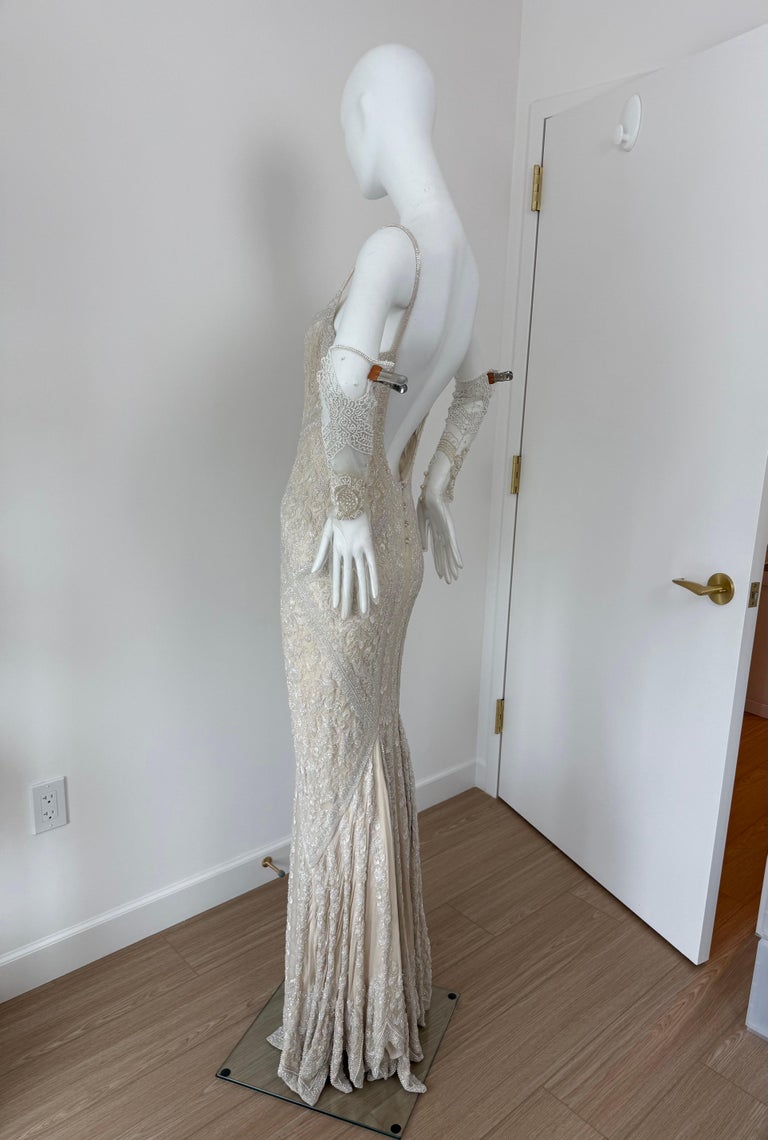 LES HABITUDES 90's Vintage Couture Beaded Silk Bridal Gown Wedding Dress  Gloves For Sale at 1stDibs