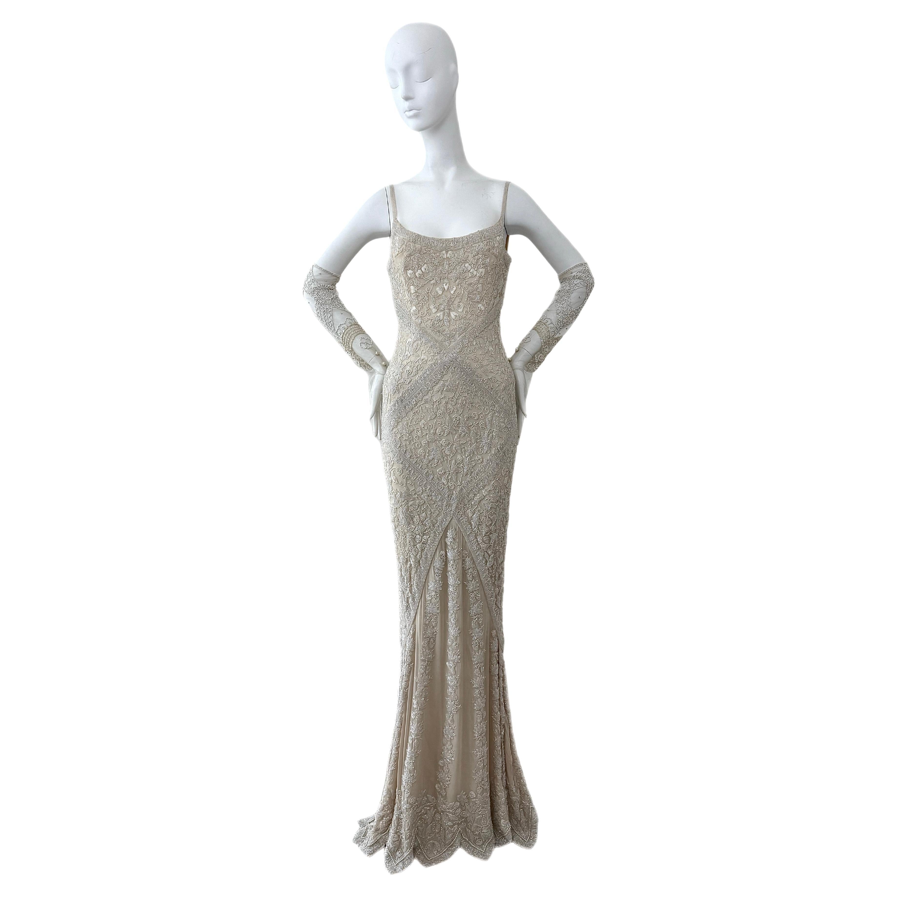LES HABITUDES 90's Vintage Couture Beaded Silk Bridal Gown Wedding Dress Gloves