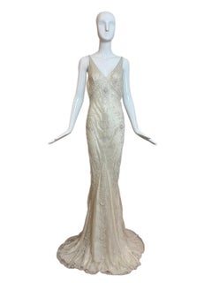 LES HABITUDES 90's Vintage Couture Ivory Beaded Silk Bridal Wedding Gown w.Shawl