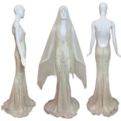 LES HABITUDES 90's Vintage Couture Ivory Beaded Silk Bridal Wedding Gown w.Shawl