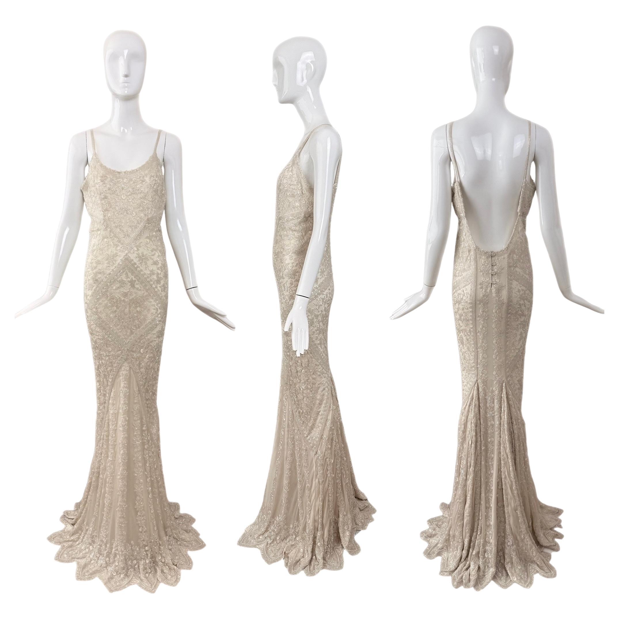 LES HABITUDES 90's Vintage Couture Elfenbein schillernde Seide handgekettelte Abendkleid