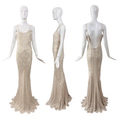 LES HABITUDES Vintage Couture 90's Robe de soirée en soie irisée ivoire perlée à la main