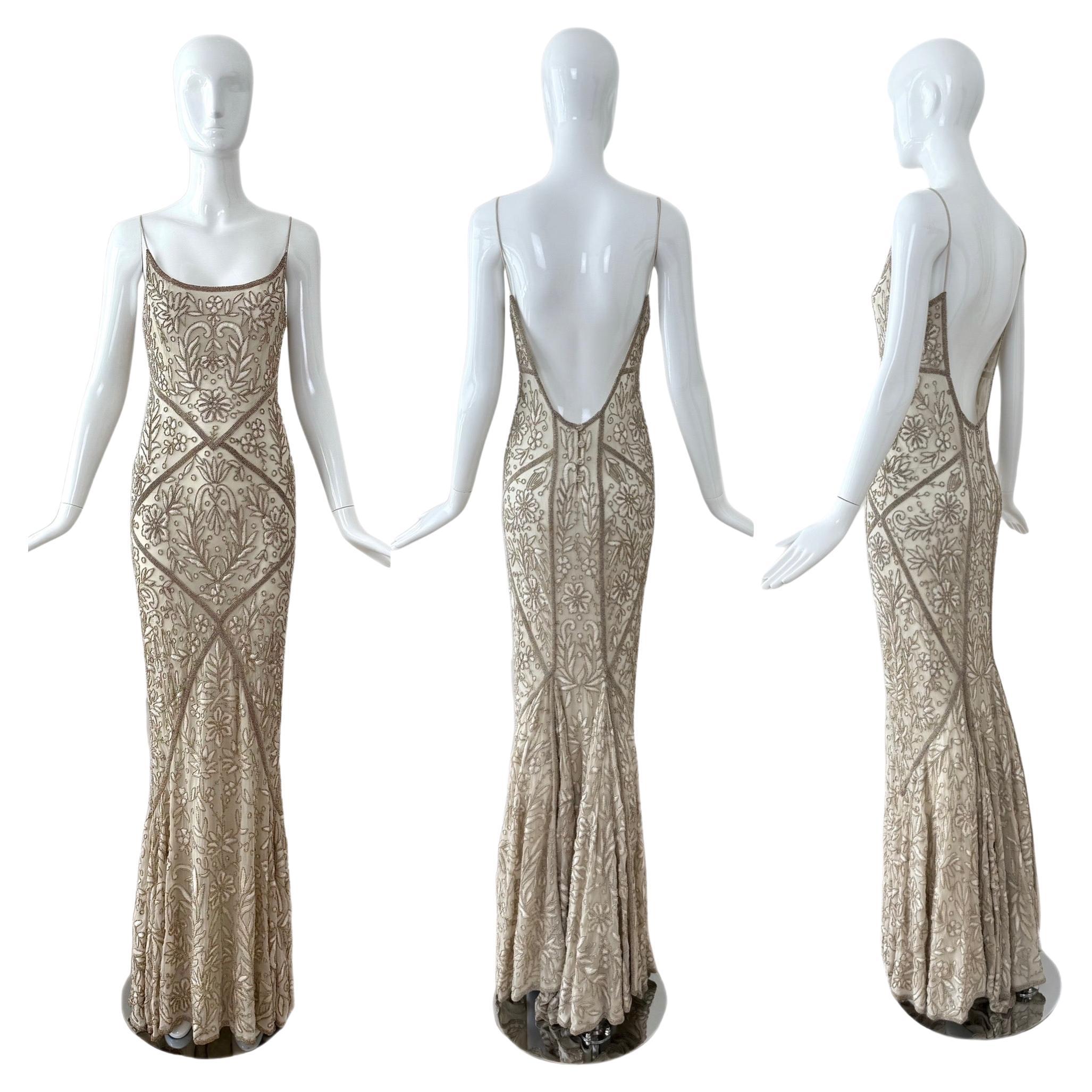 LES HABITUDES 90's Vintage Couture Seide Handgeketteltes Abendkleid Braut Hochzeit