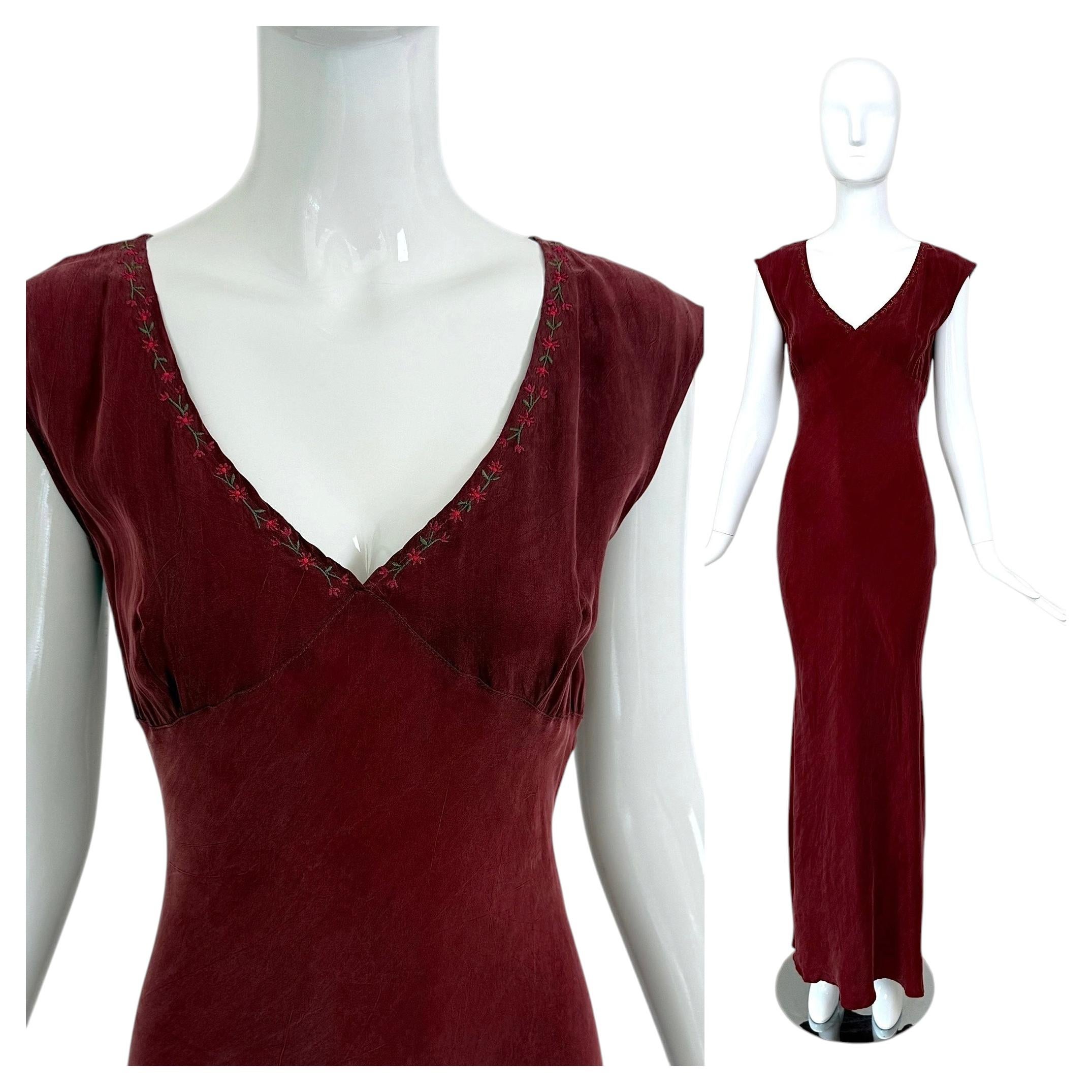 LES HABITUDES 90's Vintage Dusty Burgundy Floral Neckline Slip Gown Maxi Dress