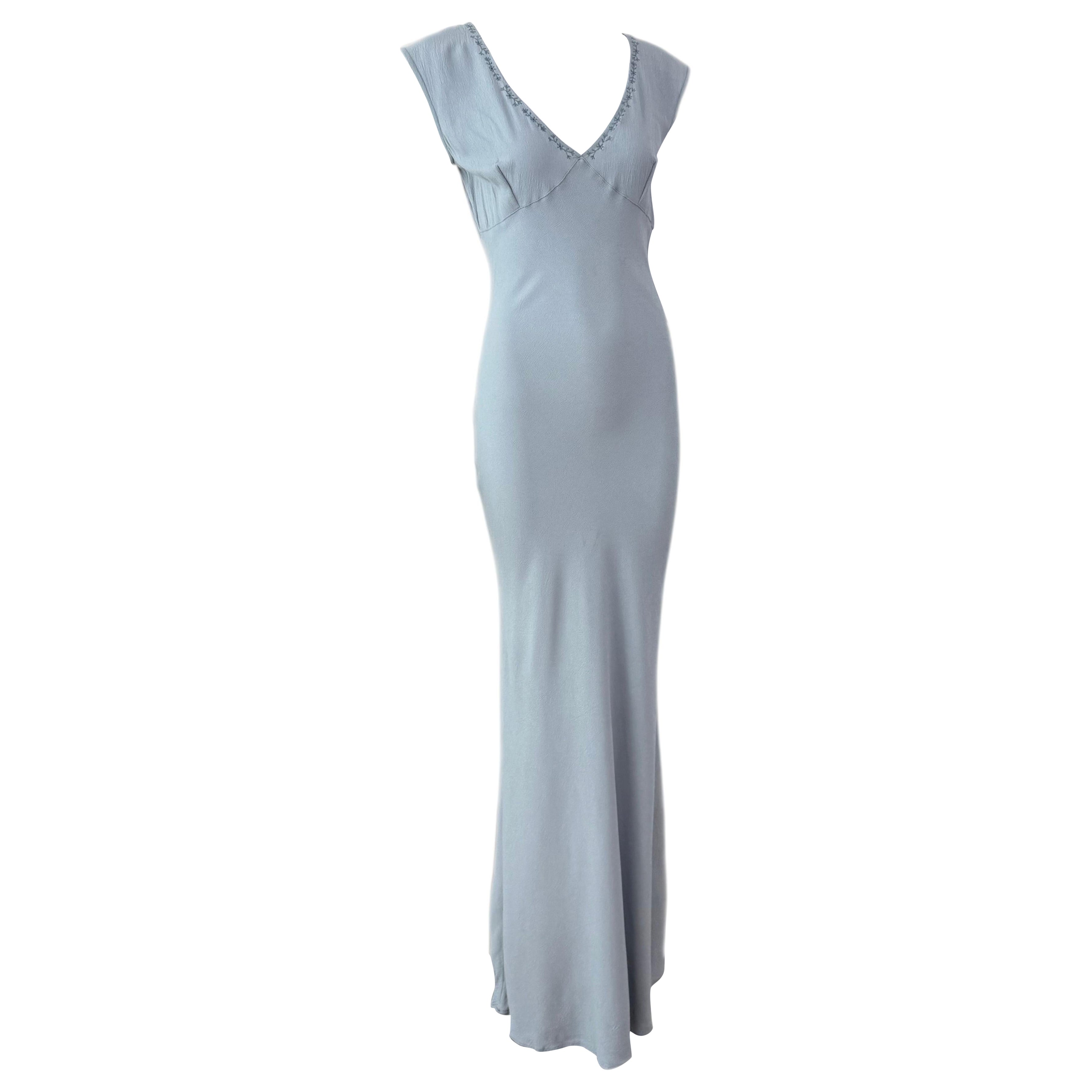 LES HABITUDES Vintage 90's Dusty Powder Blue Floral Neckline Slip Gown Maxi