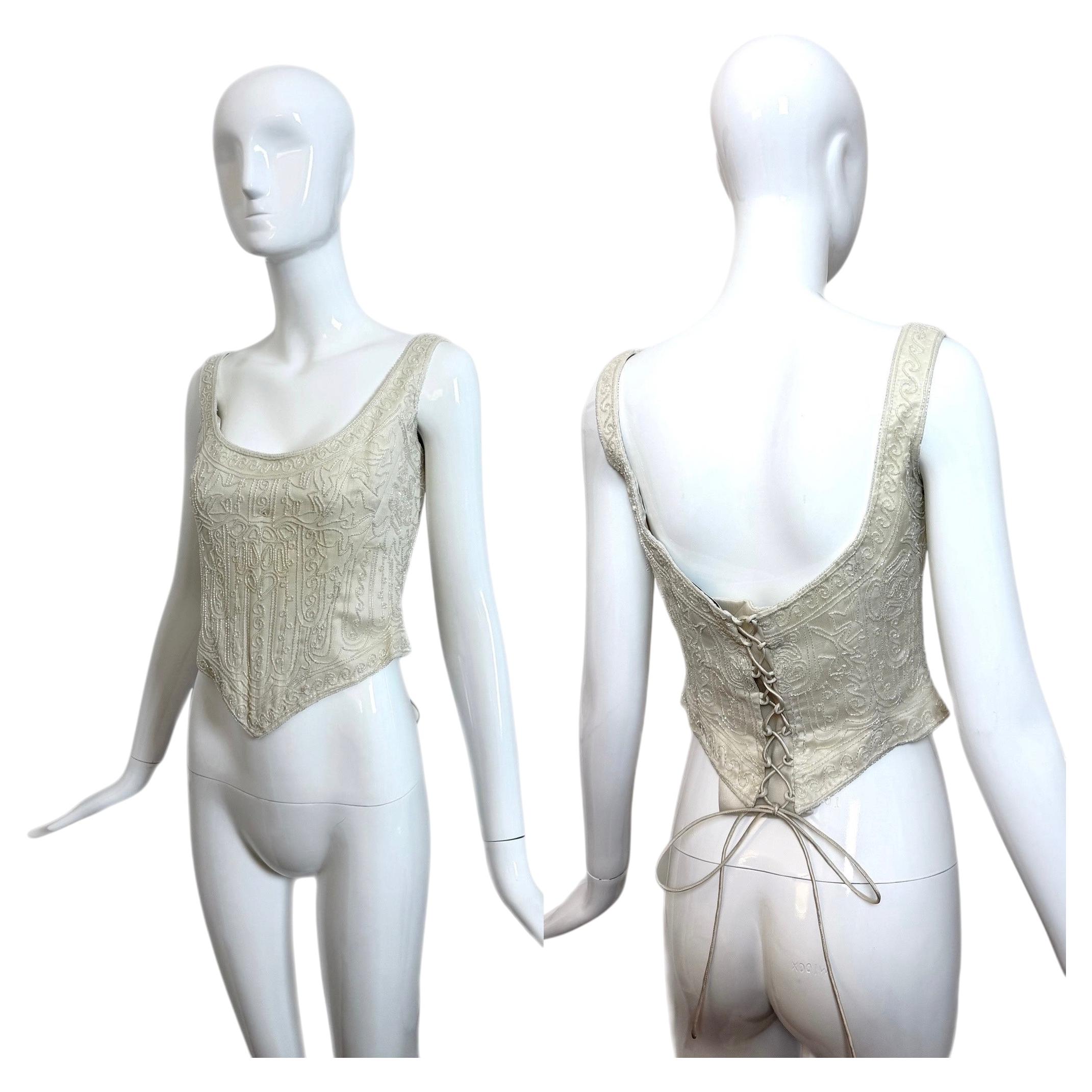 LES HABITUDES Corsetto vintage anni '90 in seta color avorio con stecche rigide e Perlina di vetro iridescente