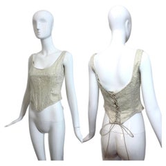 LES HABITUDES 90's Vintage Ivory Silk Hard Boned Corset w. Iridescent Glass Bead