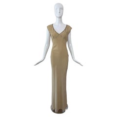LES HABITUDES 90's Vintage Khaki Camel Floral Neckline Slip Gown Maxi Dress