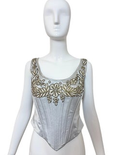 LES HABITUDES 90's Vintage Pale Blue Silk Hard Boned Hand Beaded Corset Bustier