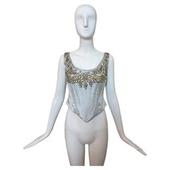 LES HABITUDES 90's Vintage Pale Blue Silk Hard Boned Hand Beaded Corset Bustier