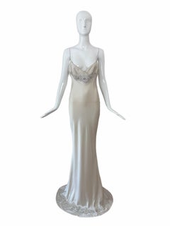 LES HABITUDES 90's Vintage Silver Grey Beaded Floral Slip Gown Maxi Dress Bridal