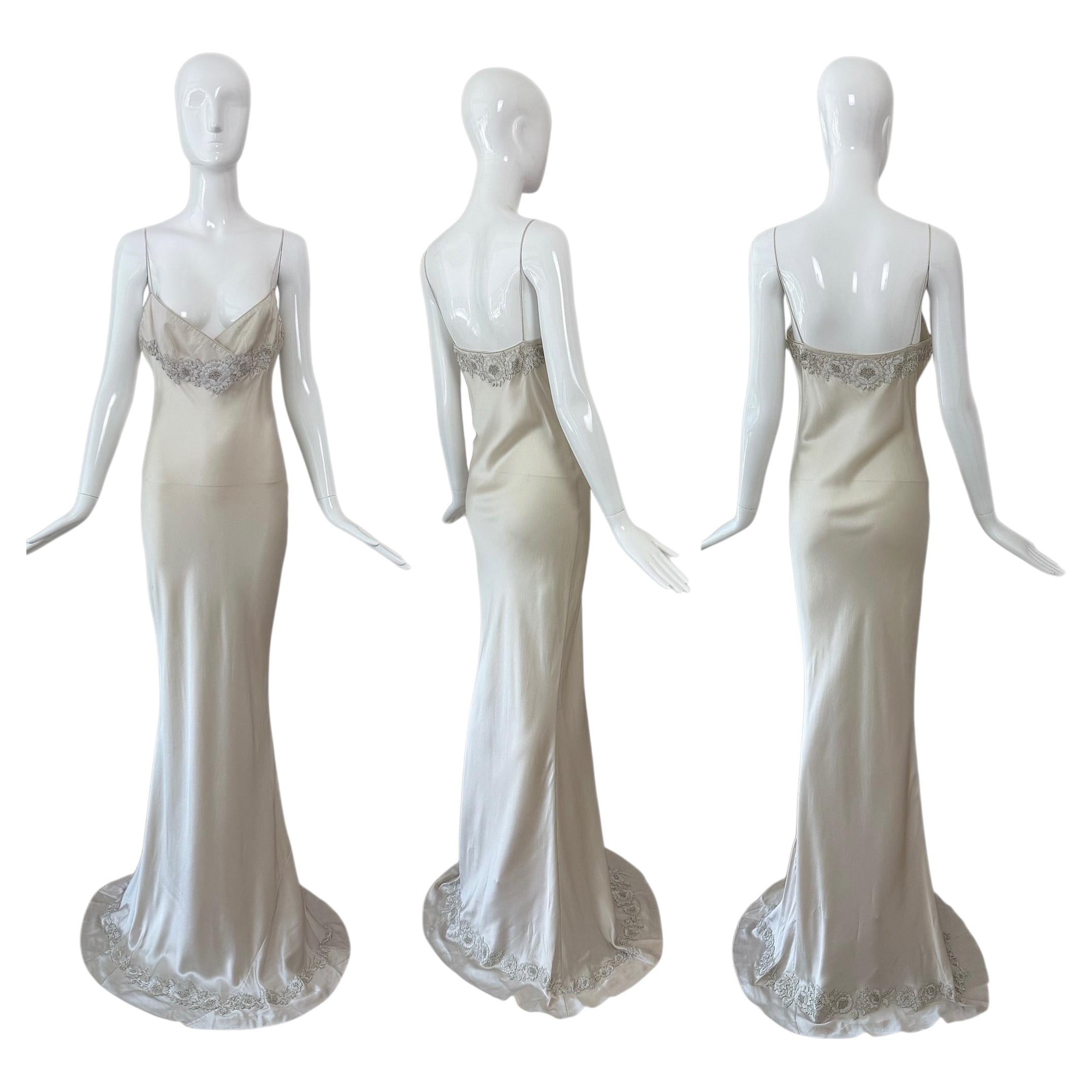 LES HABITUDES 90's Vintage Silver Grey Beaded Floral Slip Gown Maxi Dress Bridal For Sale