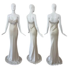 LES HABITUDES 90's Vintage Silver Grey Beaded Floral Slip Gown Maxi Dress Bridal