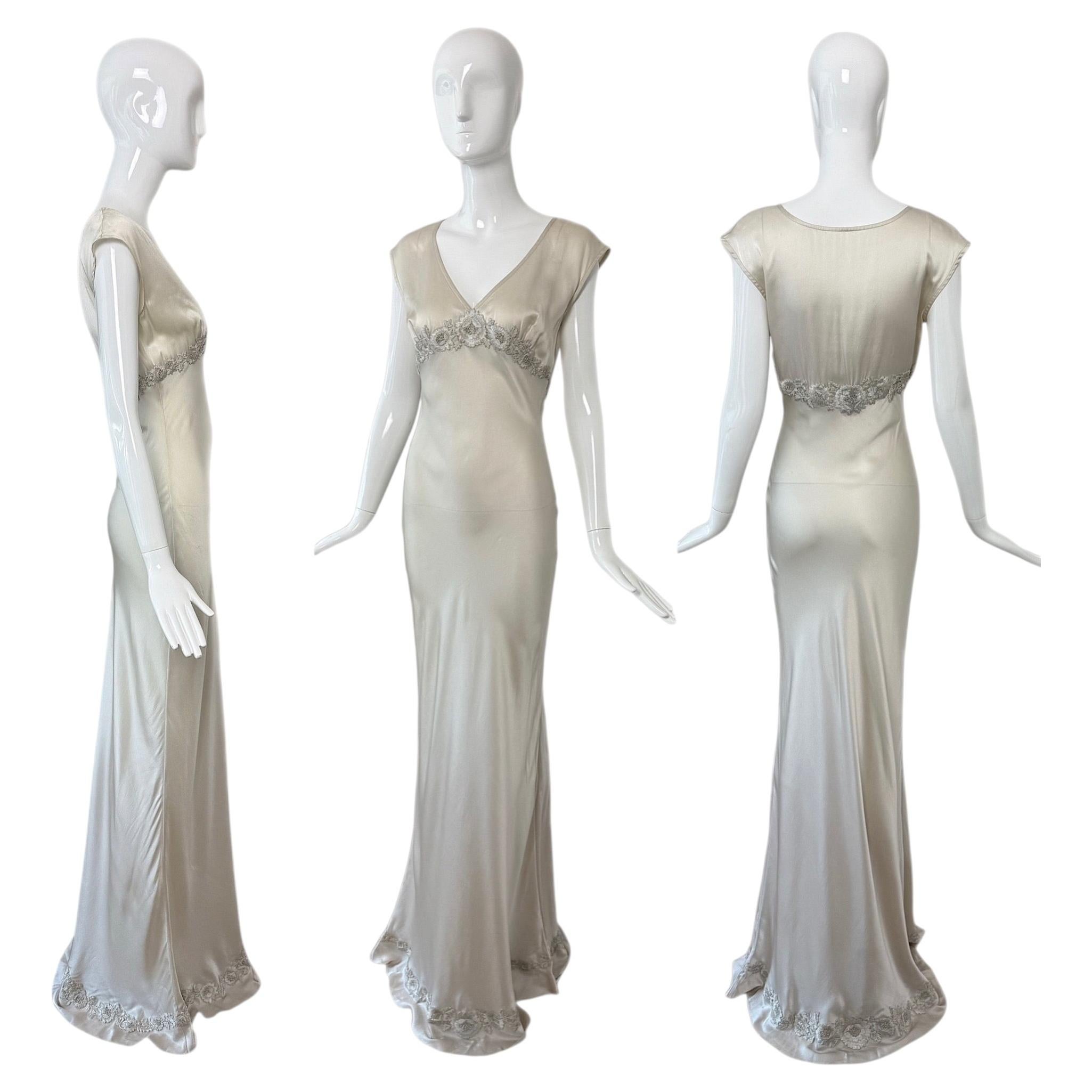 LES HABITUDES 90's Vintage Silver Grey Satin Floral Hand Beaded Gown Wedding