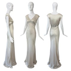 LES HABITUDES 90's Vintage Silver Grey Satin Floral Hand Beaded Gown Wedding