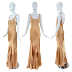 LES HABITUDES Pearlescent Gold Silk Bias Cut Gown Maxi Dress Paneled Shimmer