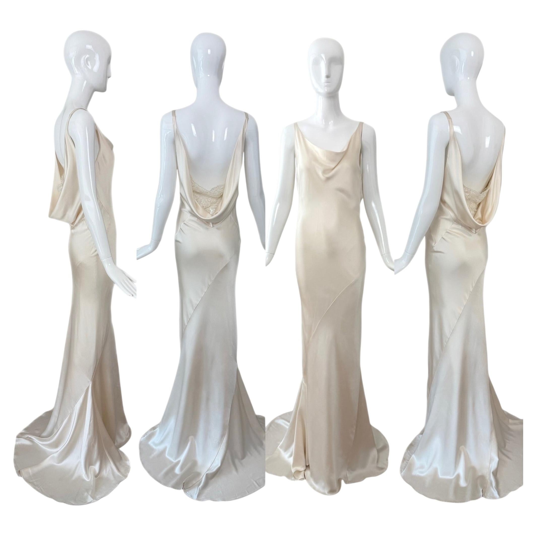 LES HABITUDES Vintage Ivory Silk Wedding Dress w. Open Cowl Lace Back Bridal