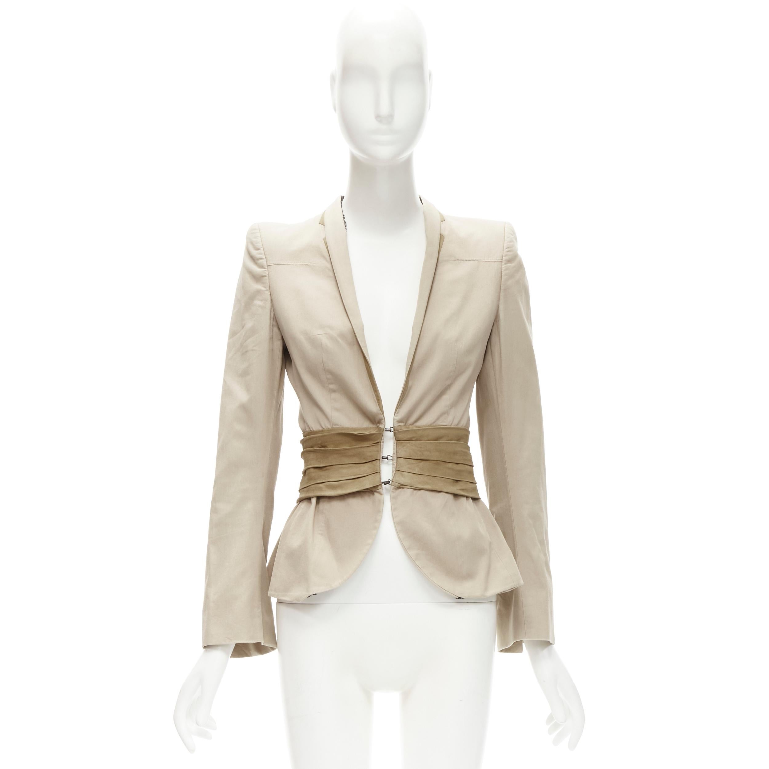 LES HOMMES Feminine beige cotton suede leather pleated belt blazer FR38 S 4