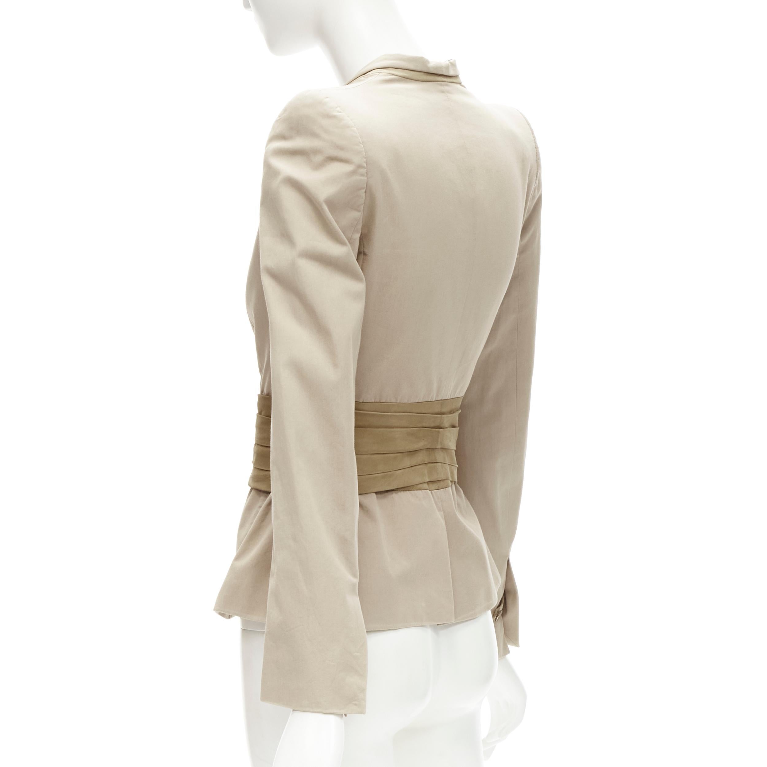 Women's LES HOMMES Feminine beige cotton suede leather pleated belt blazer FR38 S