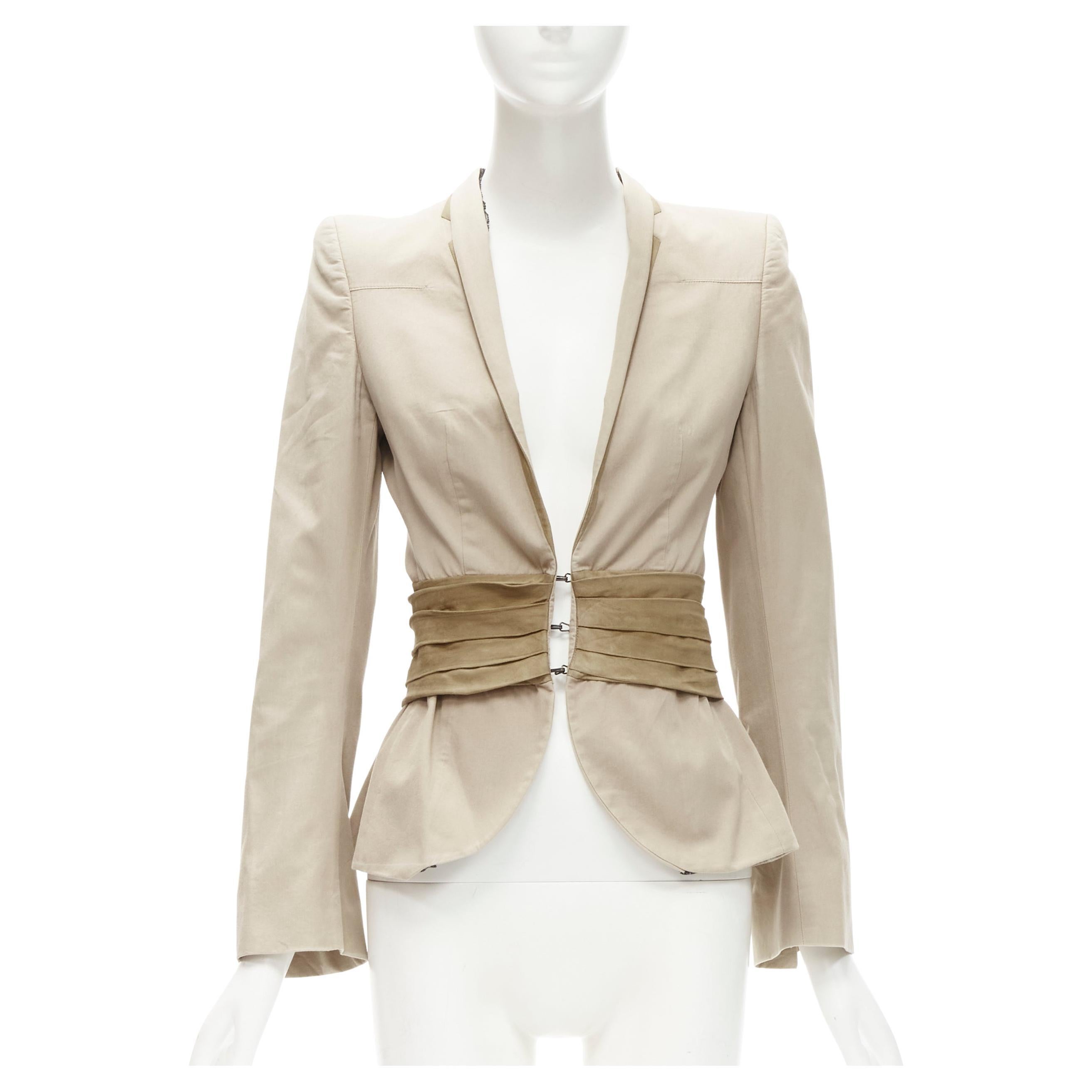 LES HOMMES Feminine beige cotton suede leather pleated belt blazer FR38 S