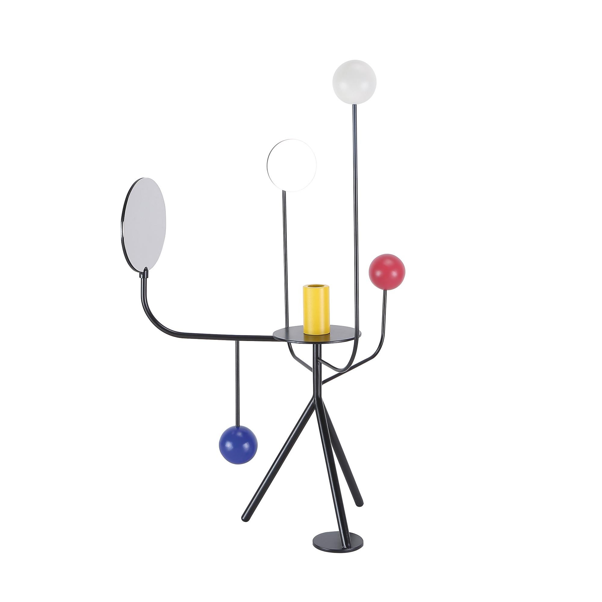 Les Immobiles N°4 candleholder by Thomas Dariel
Dimensions: D 37.2 x W 43.4 x H 61 cm 
Materials: Black, yellow, blue, and red powder coated metal mirrors in glossy silver metal. Color: Multicolored. 
Also available in other dimensions.