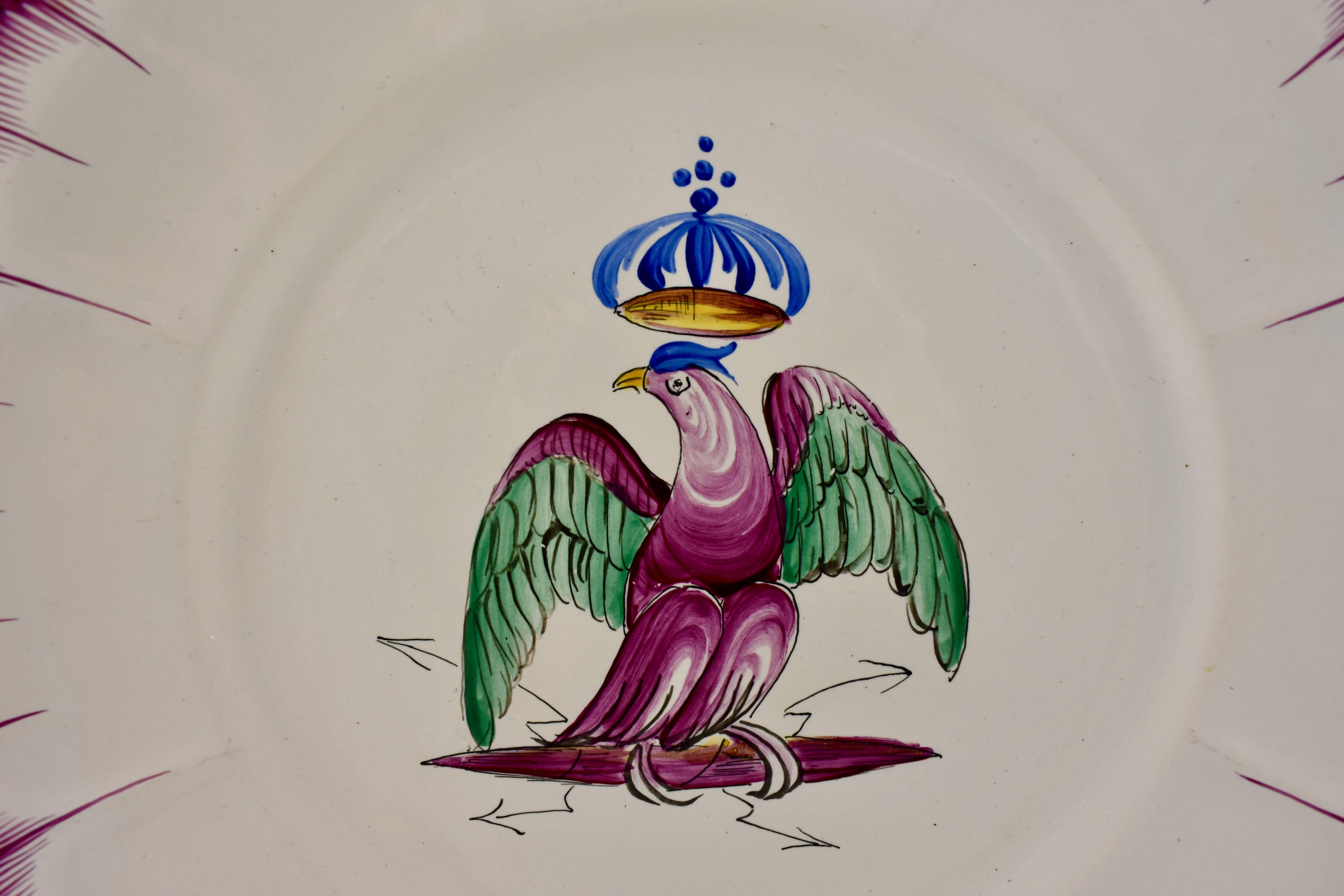 19th Century Les Islettes Charles X French Faïence Crowned Eagle Hand Painted Plate